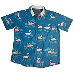 Airwalk Hawaiian Casual S/S Button-Down Shirt Men’s XL Teal Pink Flamingos